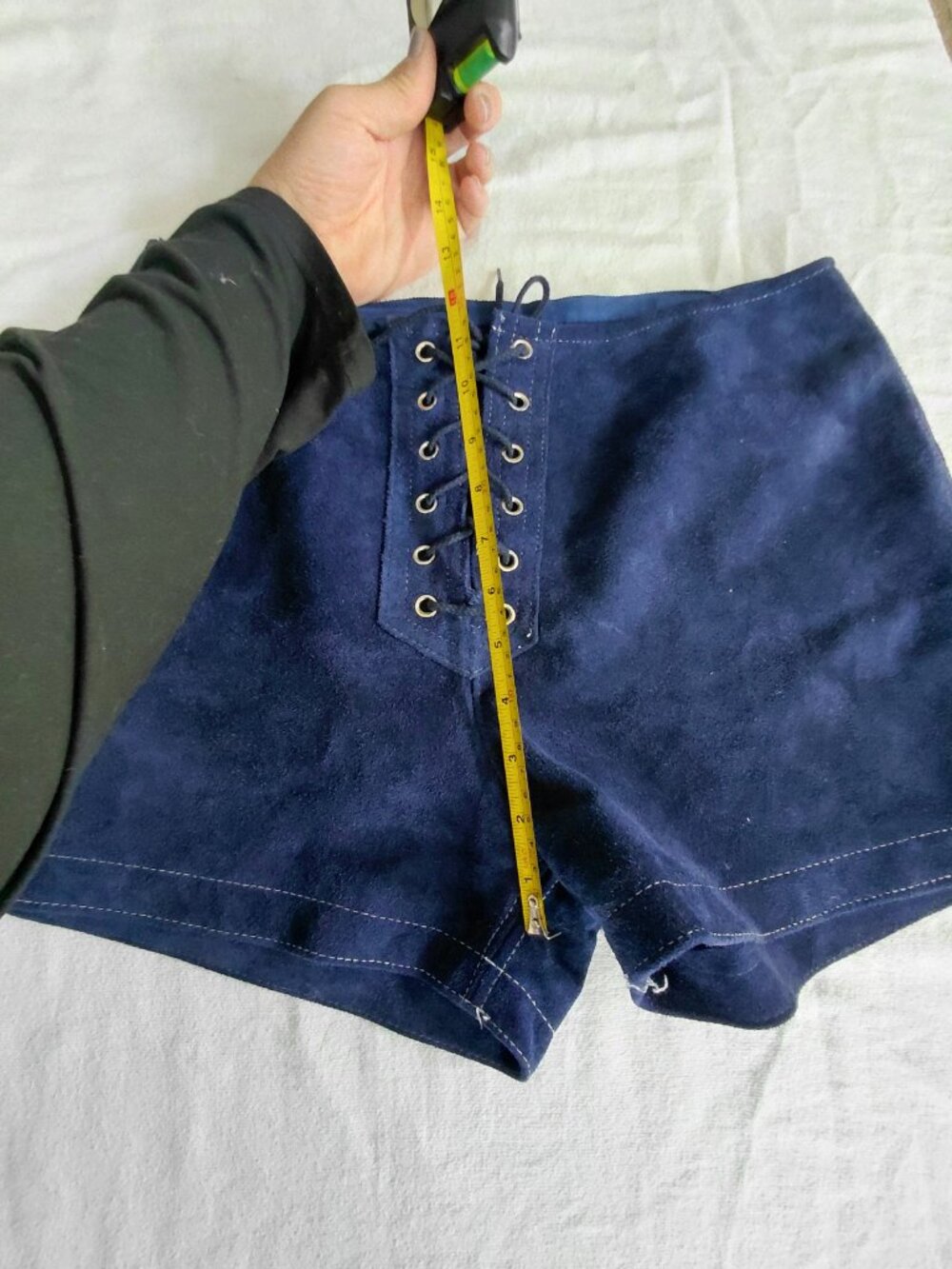Vintage 60s 70s REAL Blue Suede Lace Up Hot Pants Grommet Shorts - Picture 8 of 12